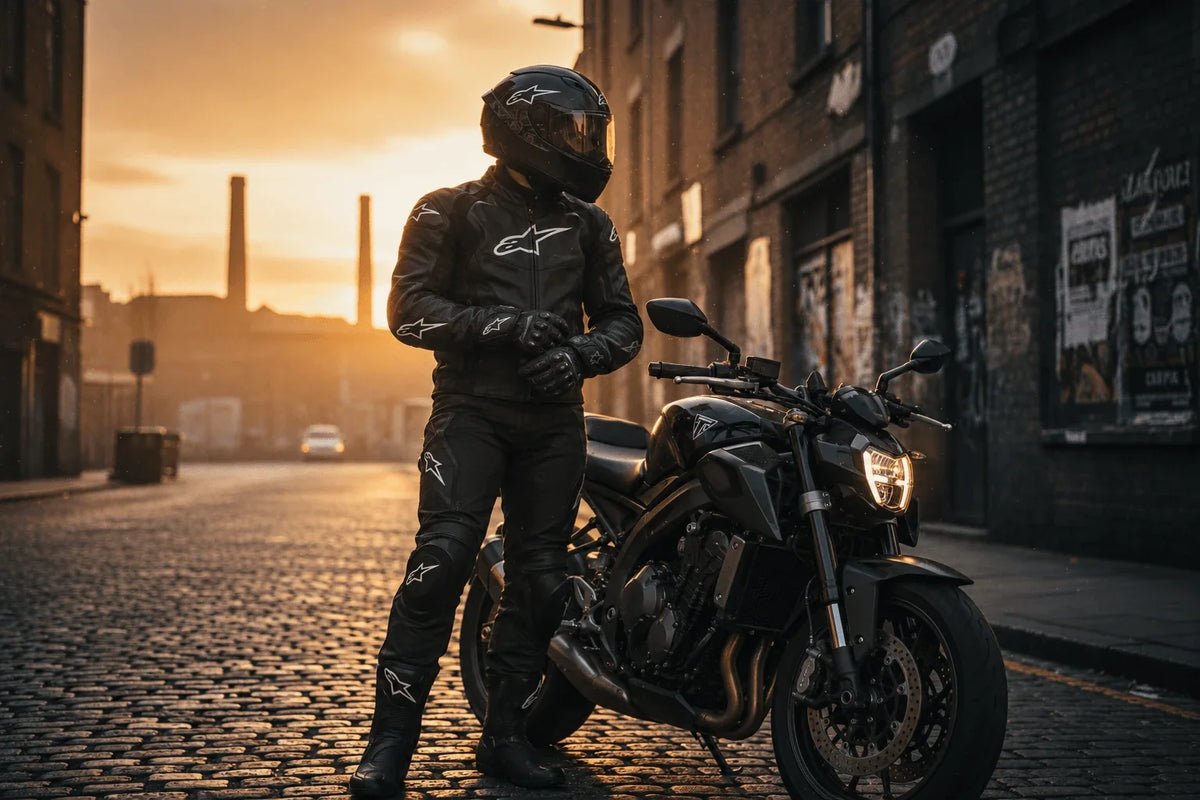 Rider in Alpinestars leather jacket, trousers and gloves beside a motorcycle