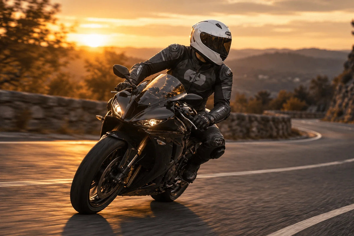Rider in leather motorcycle suit cornering a sports bike