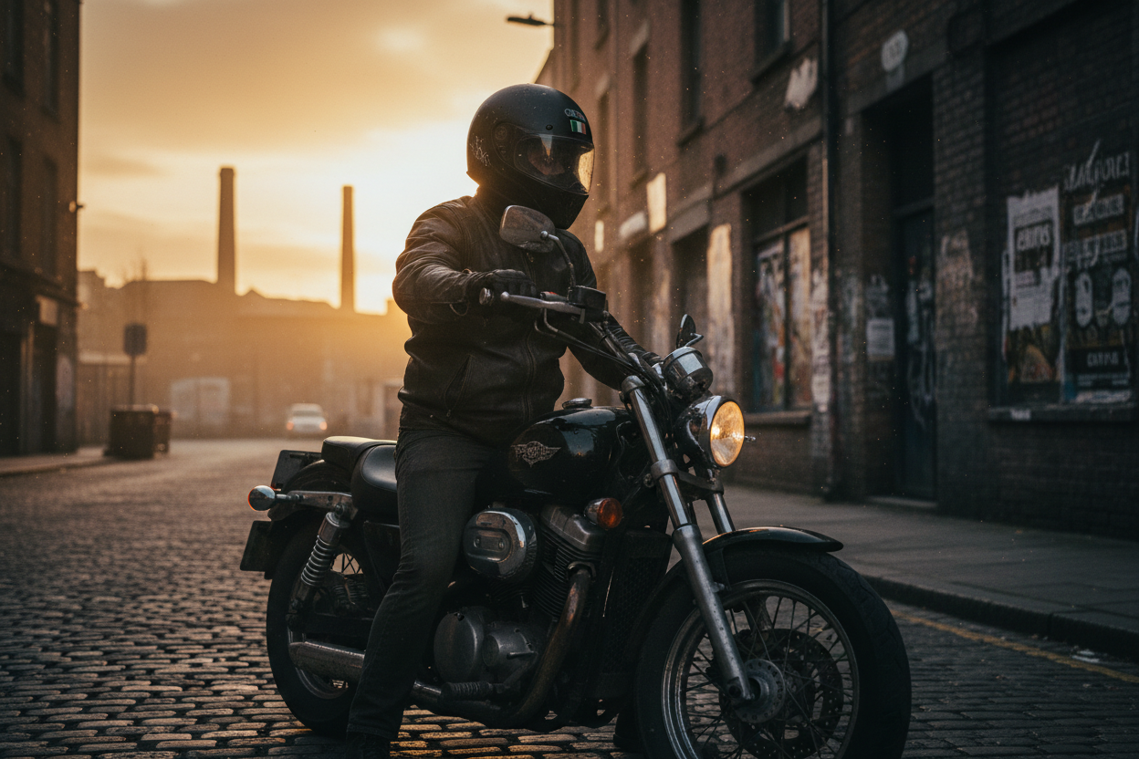 Gritty ireland urban dawn backdrop with golden hour lighting featuring a cruiser motorcycle and rider wearing a helmet, the helmet is the focus point. --ar 1:1 --style raw --v 7 --stylize 400 --chaos 20