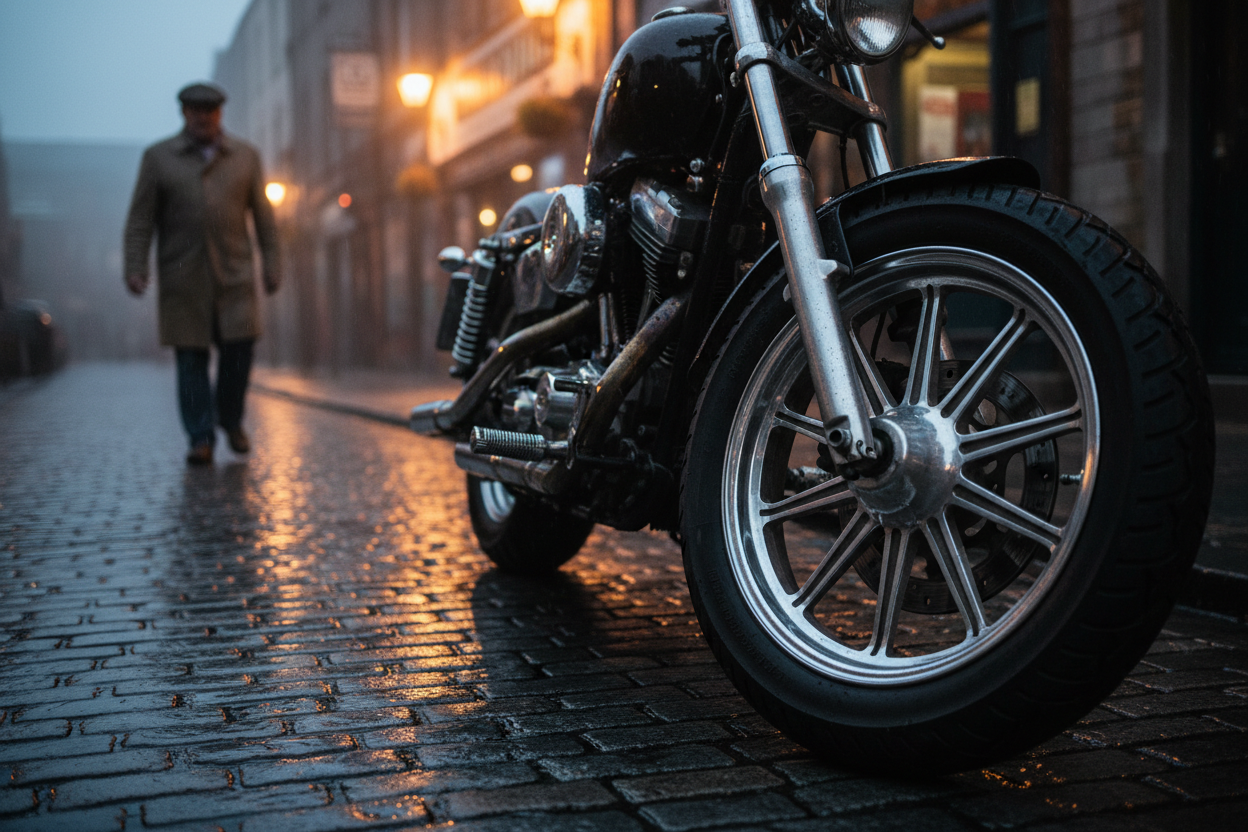 gritty Irish street at dusk, wet cobblestones reflecting soft amber pub lights, a parked cruiser motorcycle in the foreground, camera focused low on the front wheel and rear wheel, showcasing premium alloy rims and detailed tyre tread, subtle rain mist, textured chrome, moody dramatic lighting, photorealistic, shallow depth of field, Irish character in the background without distractions --ar 1:1 --v 6 --style raw
