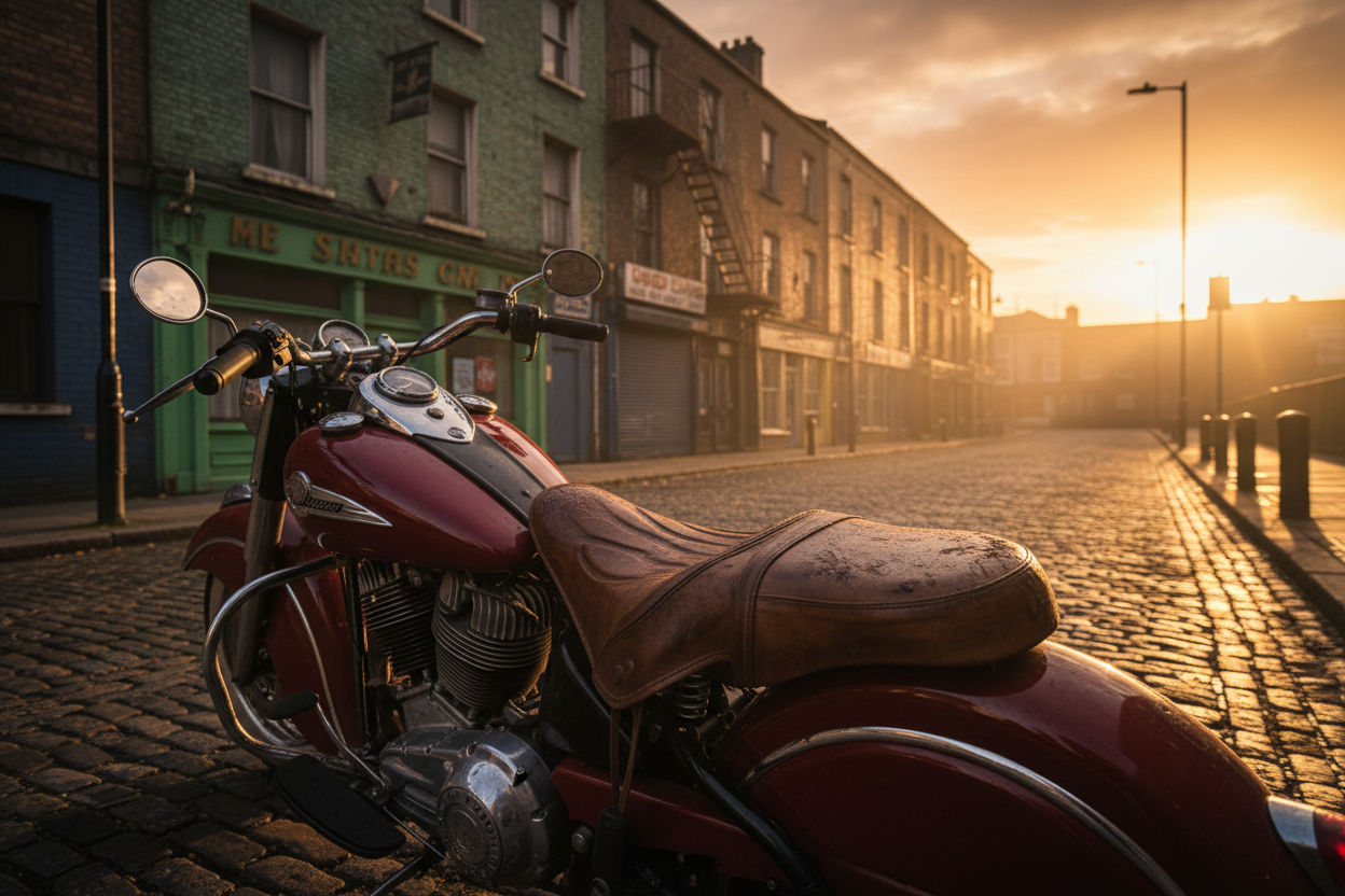 Gritty irish urban scene featuring a indian motorcycle, no rider, the bikes saddle is the point of interest. Moody, golden hour sunset lighting