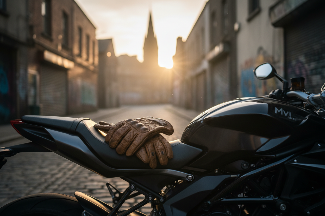 Gritty urban irish backdrop closeup of a pair of leather motorcycle gloves laying on the saddle of a MV Augusta motorcycle the mood is warm, anticipation in the air, golden hour dawn lighting highlights across the gloves on the motorcycle saddle 
