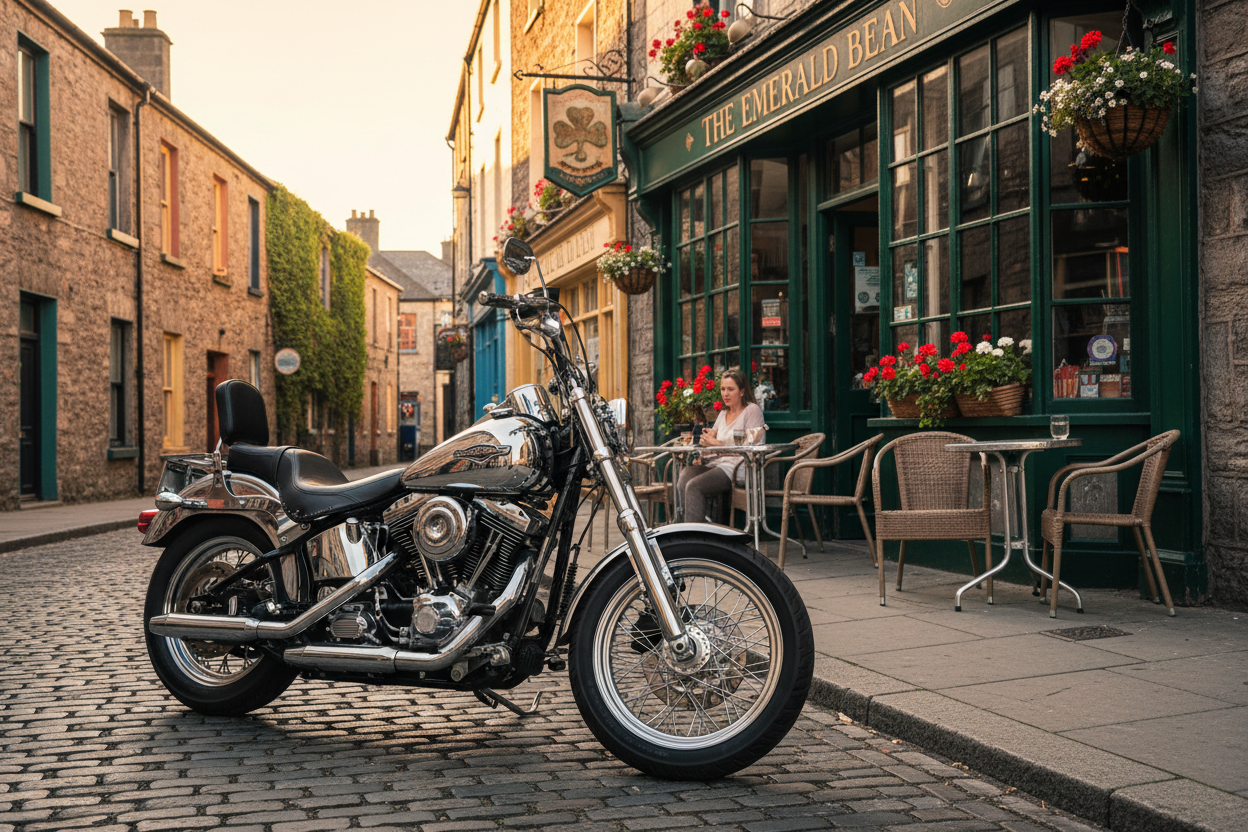 Irish urban science, harley davidson springer parked next to a cafe, shiny chrome spoked wheels shine in the warm sun